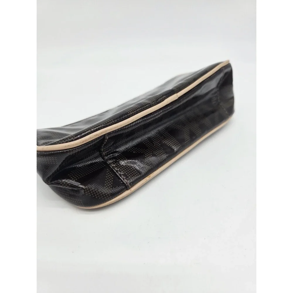 Michael Kors Glossy Brown Leather Makeup Bag Cosmetic Long Tan Monogram Logo